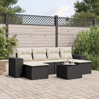 vidaXL Vidaxl - Set De Comedor De Jard&iacute;n 7 Pzas Y Cojines Rat&aacute;n Sint&eacute;tico Negro