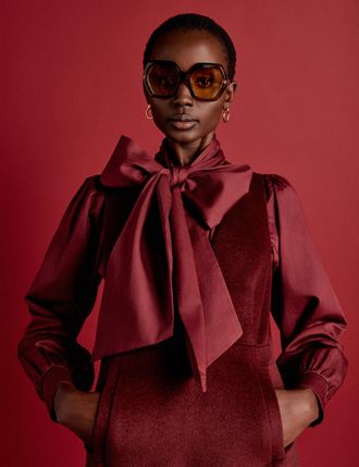 Nobody's Child NC x Lisou Burgundy Satin Tie Neck Long Sleeve Blouse