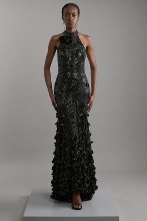 Karen Millen Womens Crystal Applique Woven Maxi Rosette Dress - Black - Size 10 UK