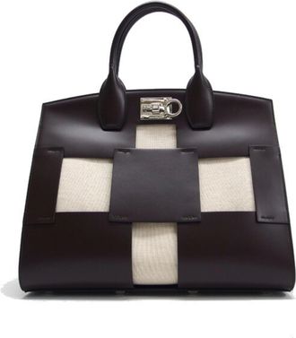 Ferragamo Dark Brown Leather Canvas Handbag Tote Bag (Pre-Owned)