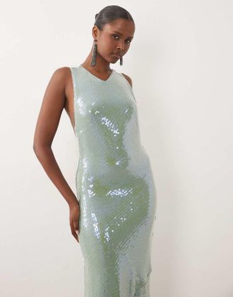 Asos vestito maxi con paillettes, collo alto e schiena aperta con nodo in verde salvia-Viola