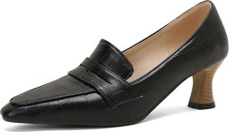 Generic Women Pointed Toe Loafers Solid Color Crocodile Texture Penny Strap Curved Block Heel Slip On Narrow Toe Cap Non Slip Durable Comfortable Dress Shoes,