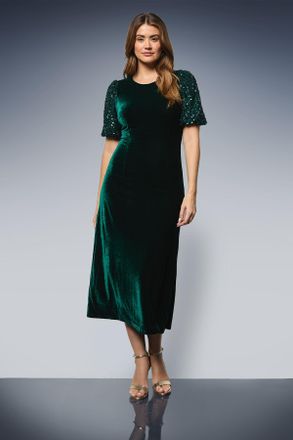 Wallis Womens Sequin Puff Sleeve Velvet Tie Back Midi Dress - Emerald - Size 18 UK