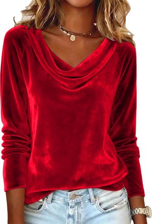 Generic Velvet Tops for Women UK Cowl Neck Pleated Long Sleeve Elegant Blouses Ladies Casual Dressy Shirts Fall Winter Solid Color Tunic Top Work Office Going
