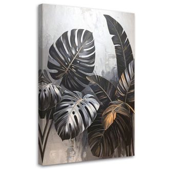 Feeby Cuadro En Lienzo Hojas Negras De Monstera Y Platanero Sobre Fondo Gris 70x100