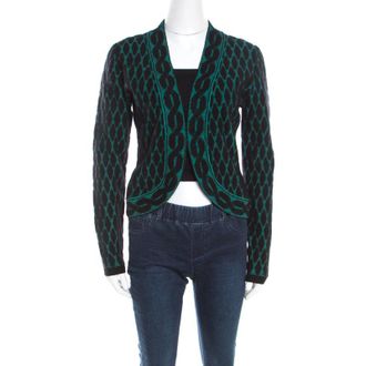 Escada Black And Green Jacquard Knit Open Front Sayakah Cardigan