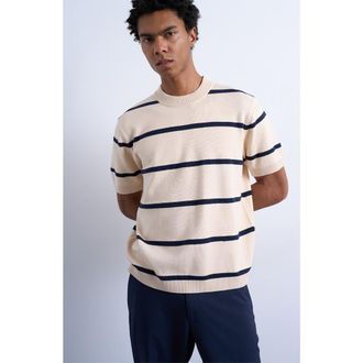 Topman Classic Fit Stripe Short Sleeve Sweater in Cream at Nordstrom, Size Xx-Large