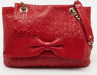 Carolina Herrera Red Monogram Embossed Leather Audrey Shoulder Bag