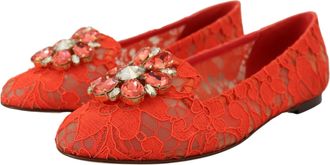 Dolce & Gabbana Womens Red Taormina Lace Crystals Ballet Flats Shoes Viscose