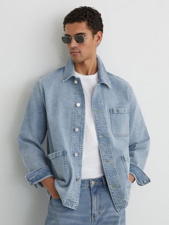 Reiss Light Blue Wash Denim Chore Jacket, Xxl