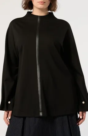 Marina Rinaldi Faux Leather Trim Sweatshirt in Black at Nordstrom, Size X-Large