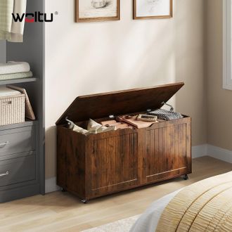 Woltu Woltu Cassapanca Pouf Panca Ruote E 2 Cerniere Di Sicurezza Contenitore Da Interno Panca Fondo Letto Per Soggiorno,marrone Rustico