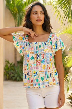 DUSK Patchwork Palm Ruffle Top