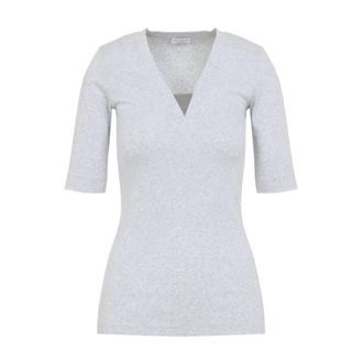Brunello Cucinelli Brunello Cucinelli, T-Shirts, female, Gray, Size: M V-Neck Ribbed T-Shirt