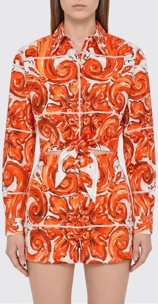 Dolce & Gabbana Camicia cropped in cotone con stampa Maioliche e nodo frontale