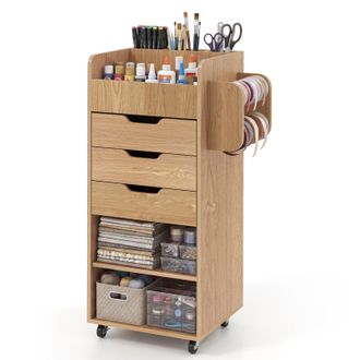 Costway Costway Cassettiera Con 3 Cassetti E Mensole, Armadietto Con Ruote, Ideale Per Camera Da Letto Bagno Cucina, 48 X 33 X 86 Cm (naturale)