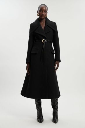 Karen Millen Womens Wool Shawl Collar Belted Tailored Midi Coat - Black - Size 10 UK