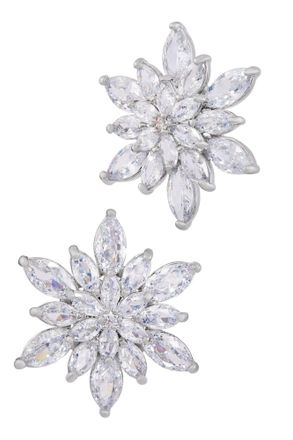 Savvy Cie Jewels RHODIUM PLATED WHITE CZ FLOWER STUD EARRING