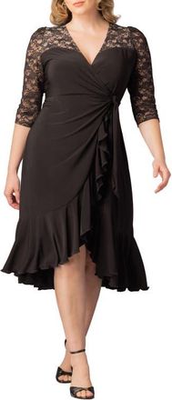 Kiyonna Lavish Lace Midi Wrap Dress in Black Noir at Nordstrom, Size 4 X