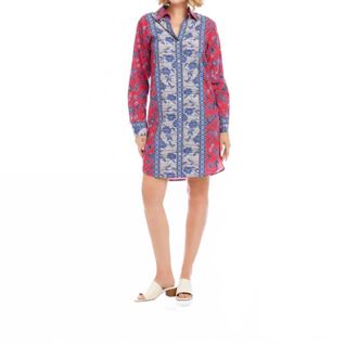 Karen Kane Long Sleeve Border Print Shirtdress In Red