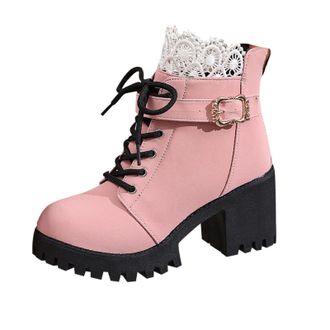 Generic Pink Women Versatile Short Boots with Lace Patchwork and Thick Heel for Fall Winter Round Toe and Lightweight Design