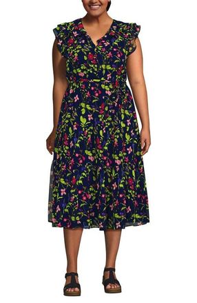 Lands End Ruffle Sleeve Chiffon Tiered Midi Dress in Deep Sea Multi Garden Floral at Nordstrom, Size 1 X