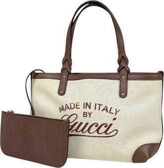 Gucci Beige Brown Canvas Leather Tote Bag (Pre-Owned)