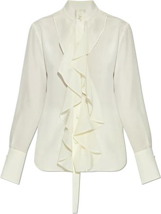 Alexander McQueen Overhemden, Dames, Geel, XS, Leer, Zijden blouse met decoratieve ruches