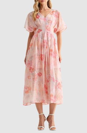 Mila Mae Floral Short Sleeve Fit & Flare Midi Dress in Dusty Pink/Mauve at Nordstrom Rack, Size X-Large