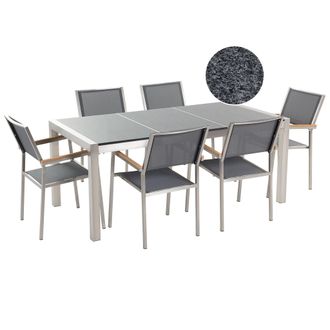 Beliani Conjunto De Comedor De Jard&iacute;n Gris Con Mesa 180 X 90 Cm De Granito Gris 6 Sillas Grosseto