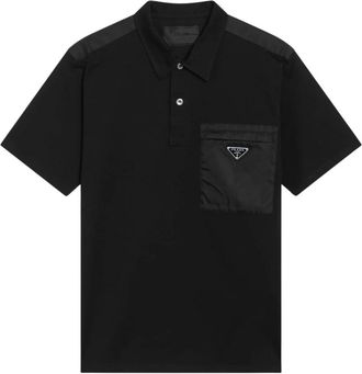 Prada Polo Shirts, male, Black, Size: XL Stretch Cotton Polo Shirt with Re-Nylon Details