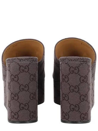 Gucci Womens Wedge Sandals Gg Brown Fabric Cotton