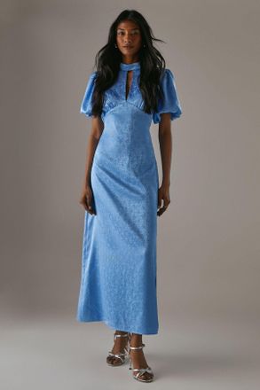 Warehouse Womens Rose Satin Jacquard Puff Sleeve Tie Back Midi Dress - Blue - Size 18 UK
