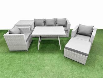Fimous 7 Pieces Outdoor PE Rattan Sofa Armchair Set with Side Table Big Stool in Light Grey