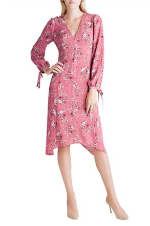 Kensie Long Sleeve V-Neck Dress In Pink