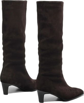 Generic Cow Suede Women Autumn Winter Slip-On Boots Chocolate Burgundy High Chunky Heels Square Toe Lady Knee High Boots(Black,US3.5)