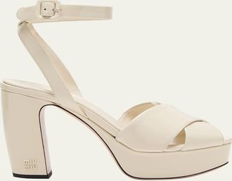 Miu Miu Patent Crisscross Block-Heel Platform Sandals