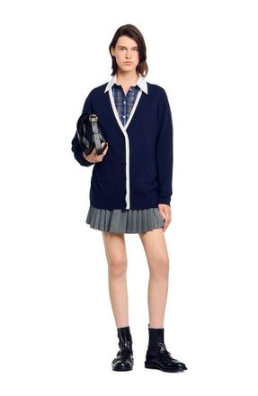 Sandro Long two-tone cardigan in Navy Blue at Nordstrom, Size X-Large