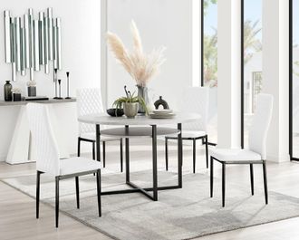 Furniturebox Adley Grey Concrete Effect & Black Round Dining Table with Shelf & 4 Faux Leather Milan Dining Chairs in White