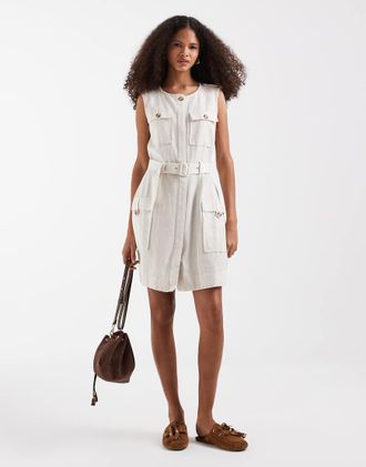 Vero Moda Vestito corto multitasche color crema effetto lino con cintura-Bianco