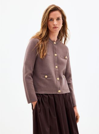 Contemporaine Womens Gold crest buttons patch pockets Cardigan Sweater