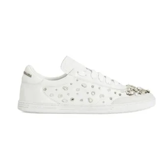 Dolce & Gabbana Schoenen, Dames, Wit, 37 1/2 EU, Leer, Leren sneakers met kristallen