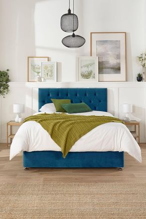 Aspire Home Accents Olivier Divan & Hybrid Memory Pocket Mattress, Plush Fabric, Strutted Headboard, No Drawers in Navy | Size: Double