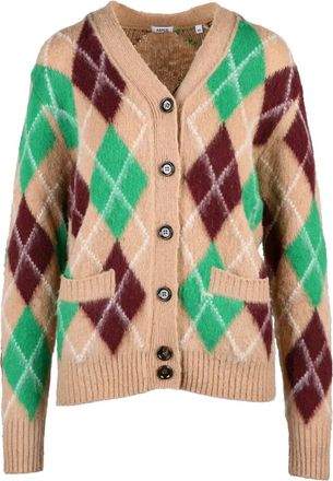Aspesi Beige/Green Argyle Pattern V-Neck Wool Cardigan