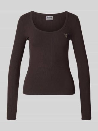 Guess Longsleeve in Ripp-Optik mit Label-Applikation Modell COLETTE in Schoko, Gr&ouml;&szlig;e XL