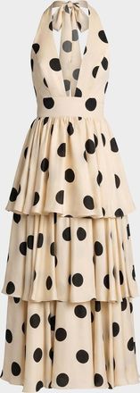 Mac Duggal Plunging Tiered Polka Dot Maxi Dress