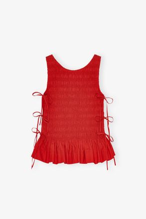 Ganni Red Cotton Smock Tie Top - Size 10/12 Organic