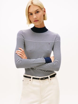 Tommy Hilfiger Strickpullover TOMMY HILFIGER CO JERSEY FINE GG MOCK-NK LS SWT, Damen, Gr. XL (42), bretton stripe schwarz night navy, Feinstrick, Obermaterial: 67% B