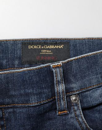 Dolce & Gabbana Mens Dark Blue Washed Running Ripped Denim Jeans Clothing