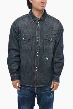 Palm Angels Camicia in Denim con Monogram Ricamato Palm Angels